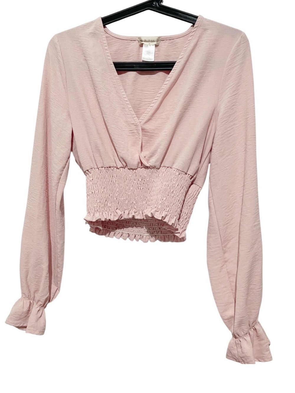Altar’d State Women's Blush Pink Smocked Waist V-Neck Long Sleeve Top